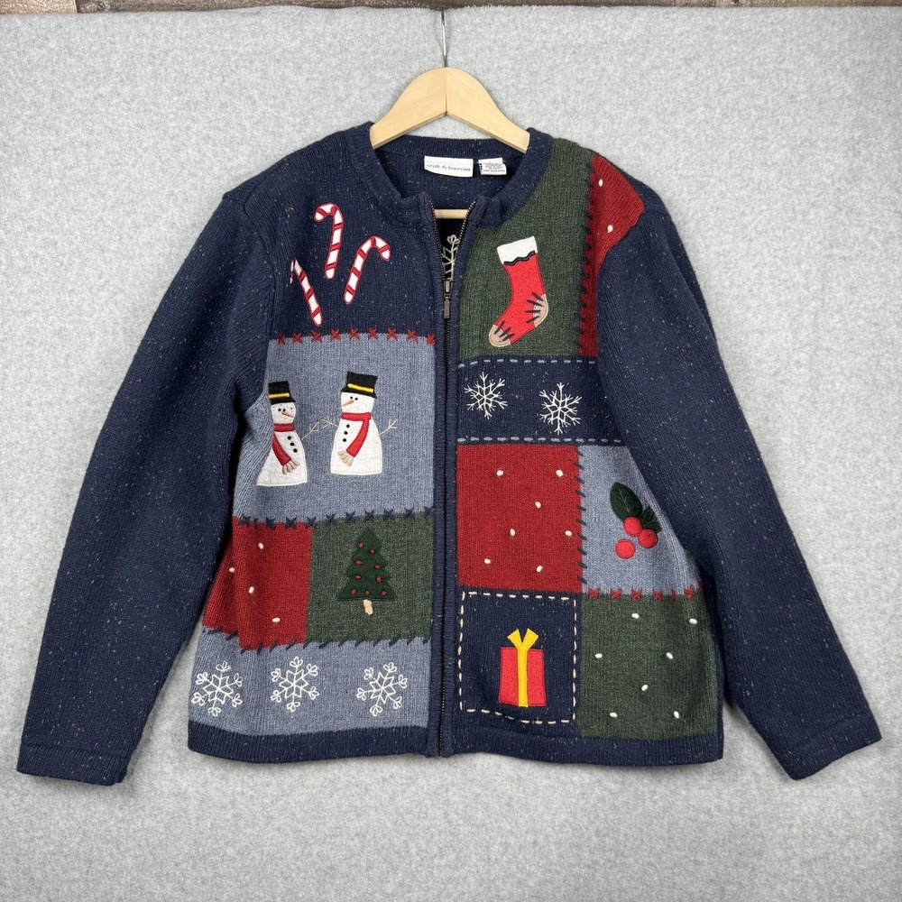 Croft & Barrow Christmas Sweater Womens Large Zip Patchwork Snowman Grannycore